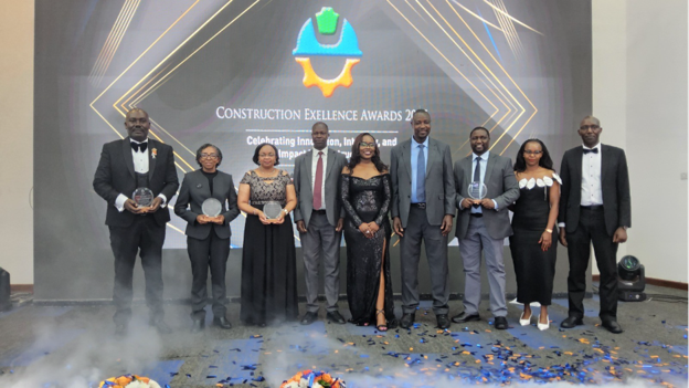 KEFRI Director General Dr. Jane Njuguna (third from left) poses with the awardees, and Chief Guest Mr. Joel Arumonyang, CBS (forth from left) receiving the Special Infrastructure Impact Award at the Construction Excellence Awards 2025.